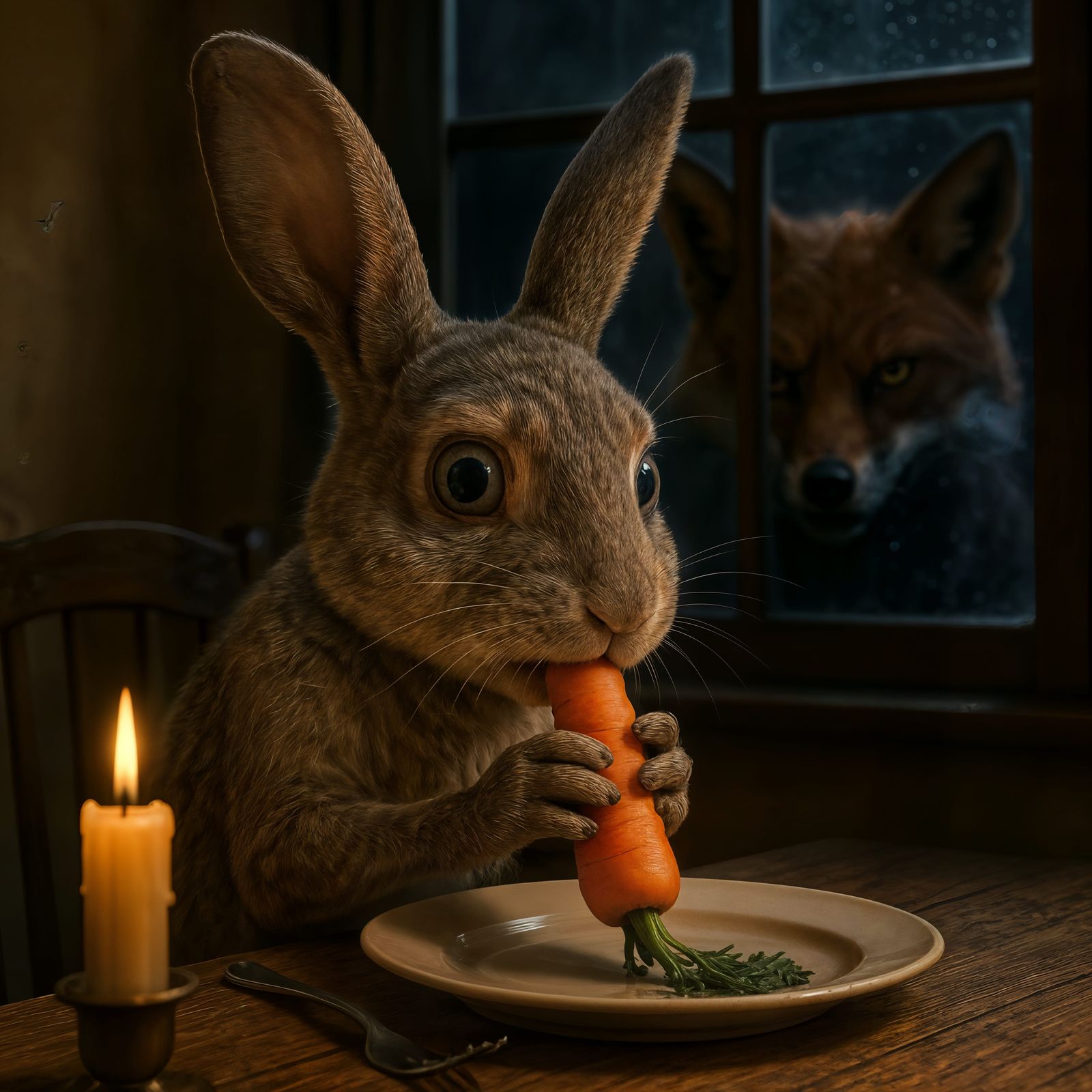 CGI Rabbit Eats Carrot While Fox Watches Menacingly