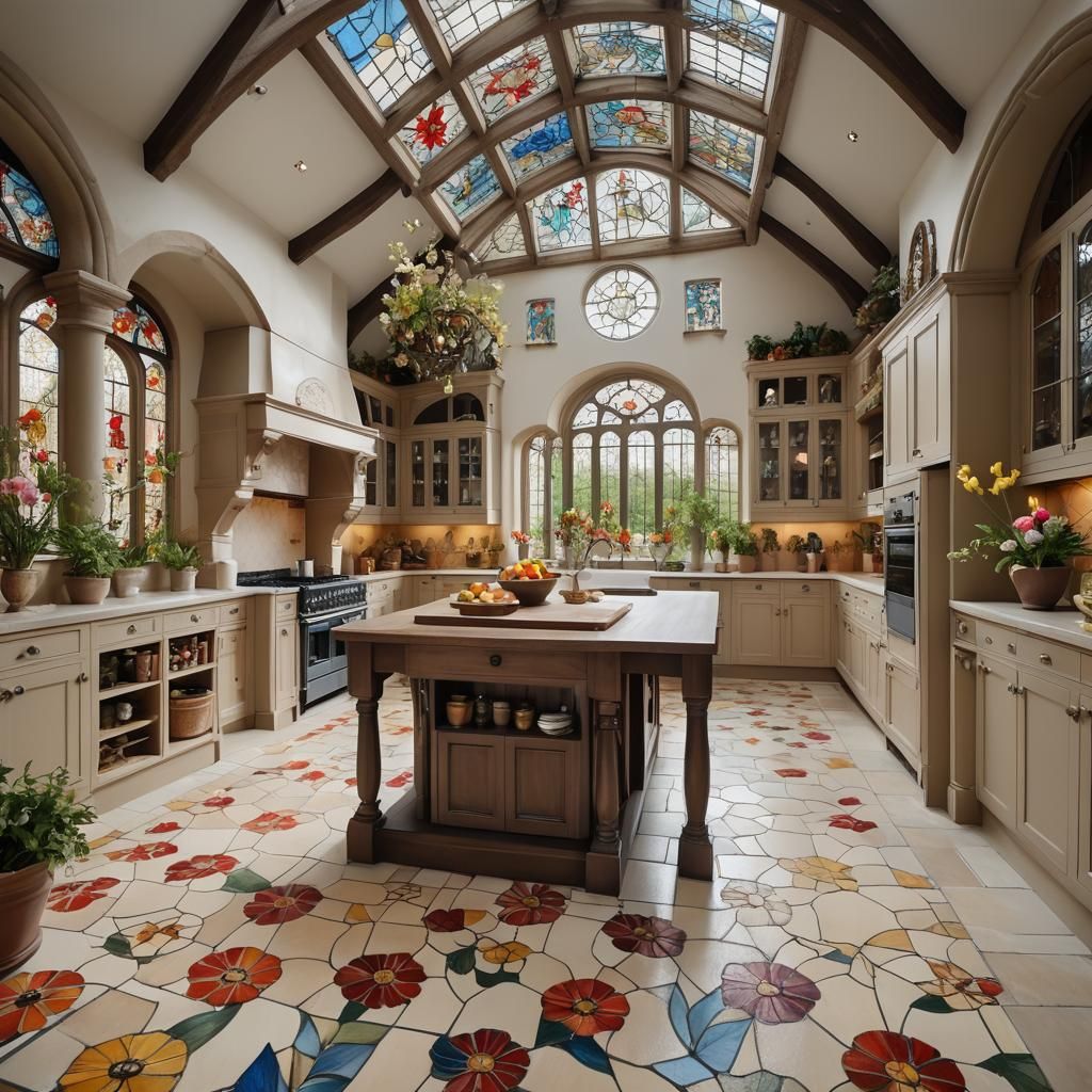 Luxurious Modern Tudor Kitchen with Stained Glass