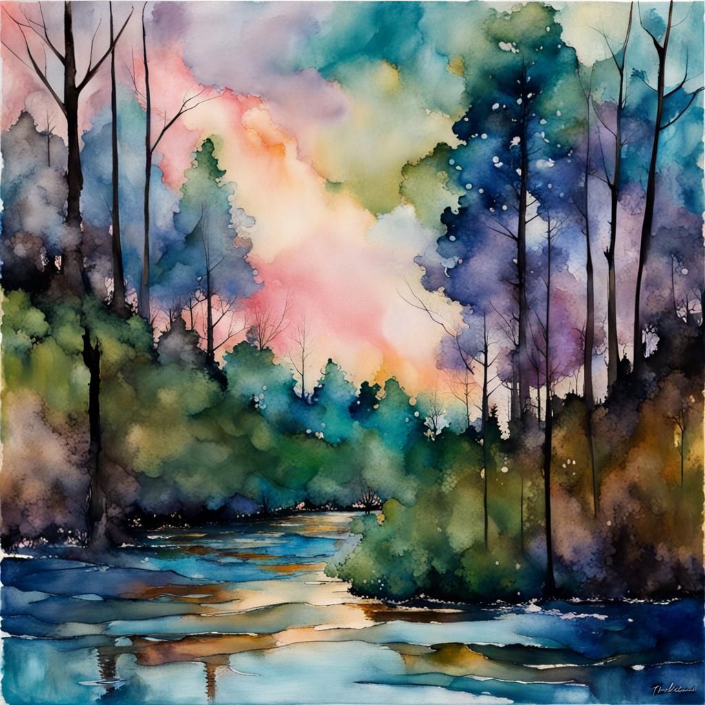Abstract Forest River Scene in Impressionistic Style