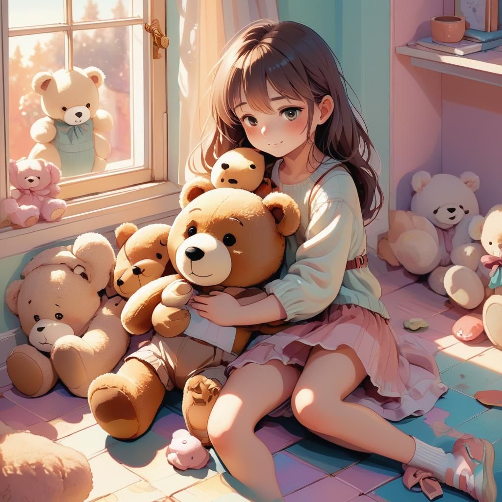 Girl Hugging Teddy Bear in Anime Style
