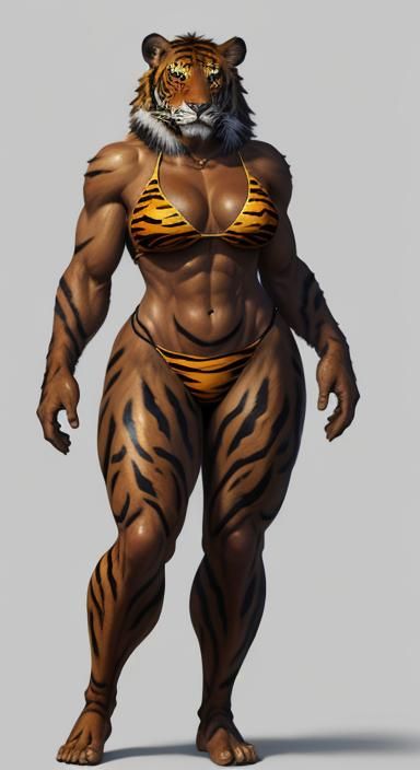 Human tiger woman with massive body ,8k resolution concept art with furry bikini