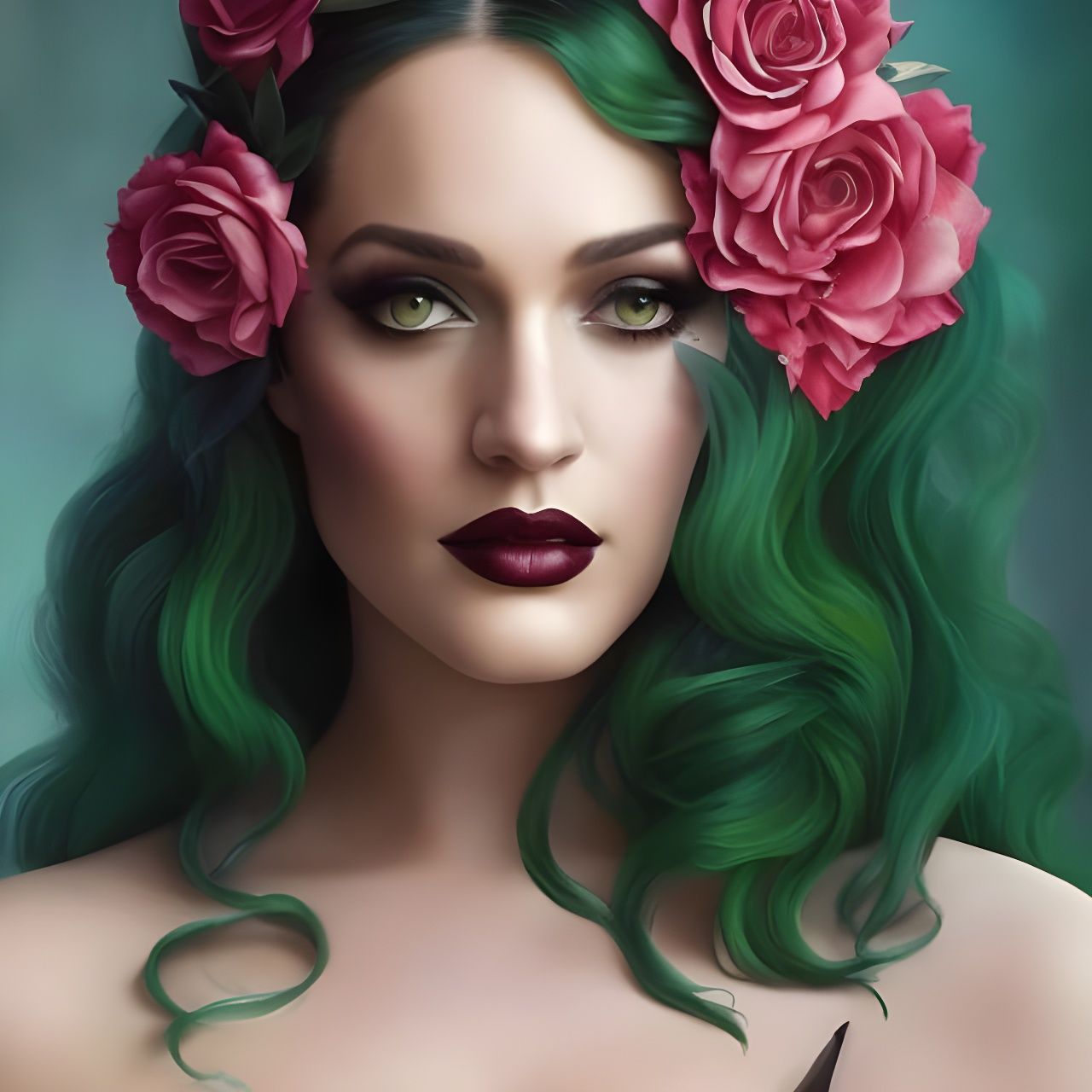 Green-Haired Forest Witch Portrait, Digital Art