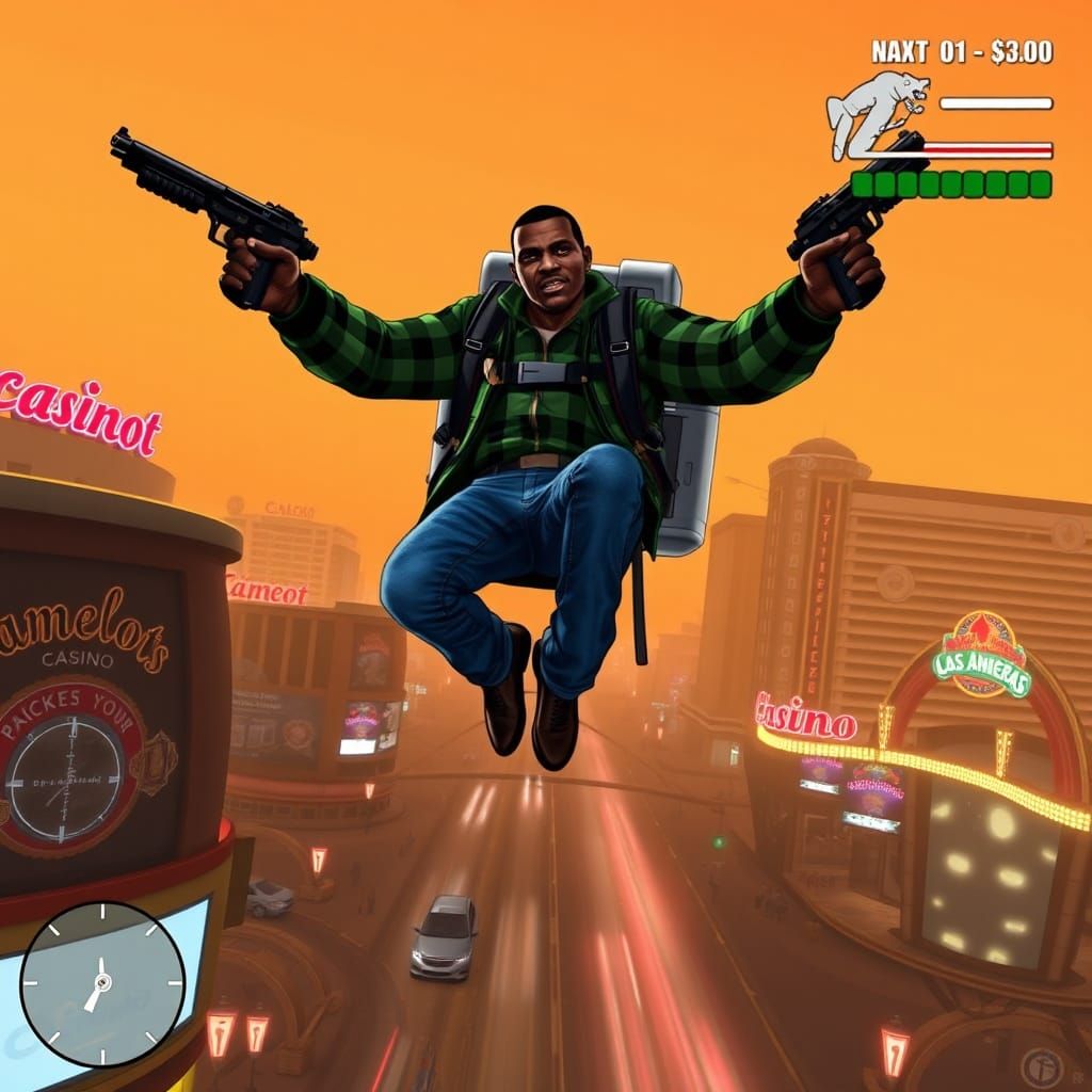 Jetpack Action Over Las Venturas in Retro PC Game Style