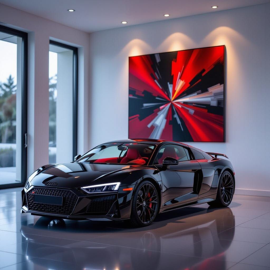 Black Audi R8 Coupe as Art in Luxury Living Room