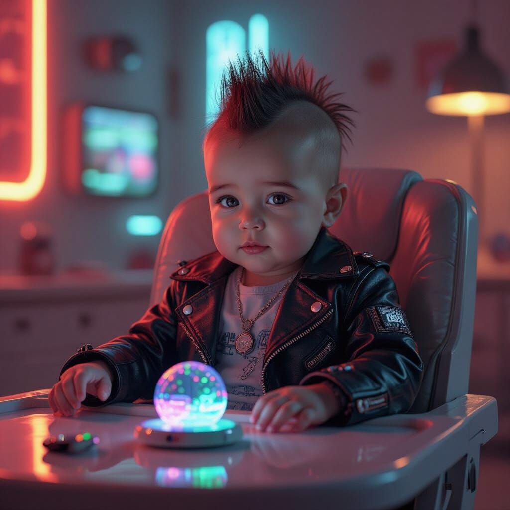 Hyperrealistic Cyberpunk Baby in Neon Apartment