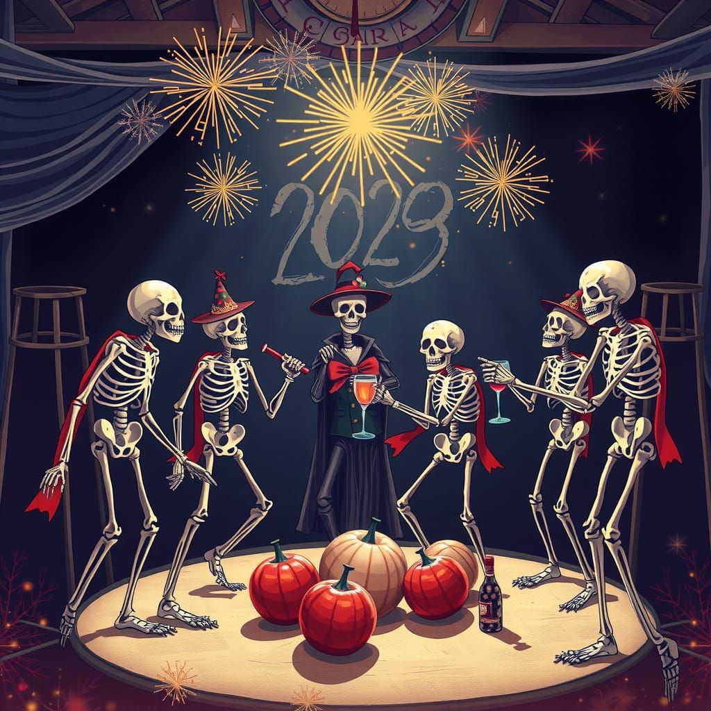 Skeletons Celebrate New Year's Eve Ball