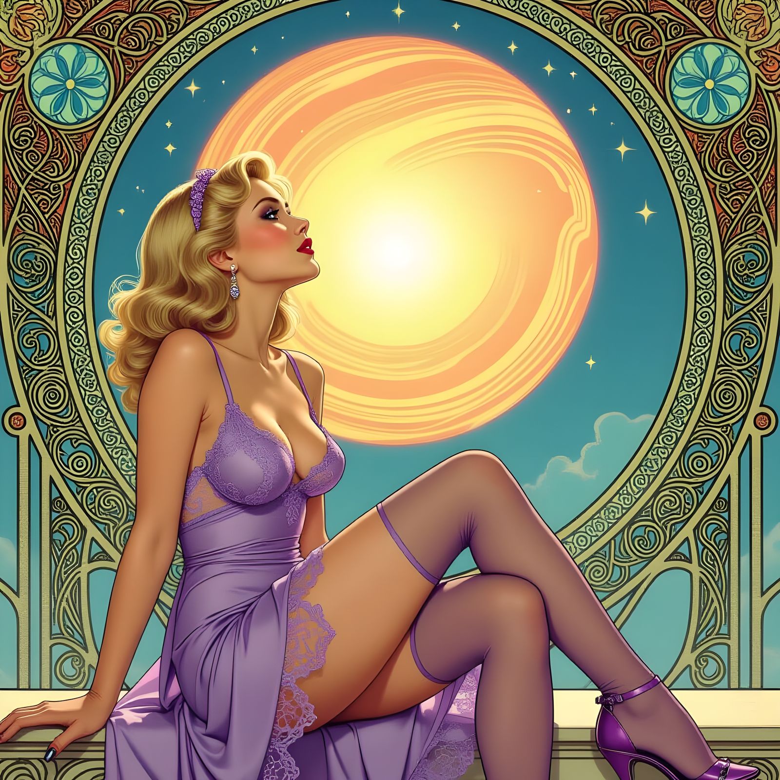 Elegant Woman in Lingerie, Alphonse Mucha Style