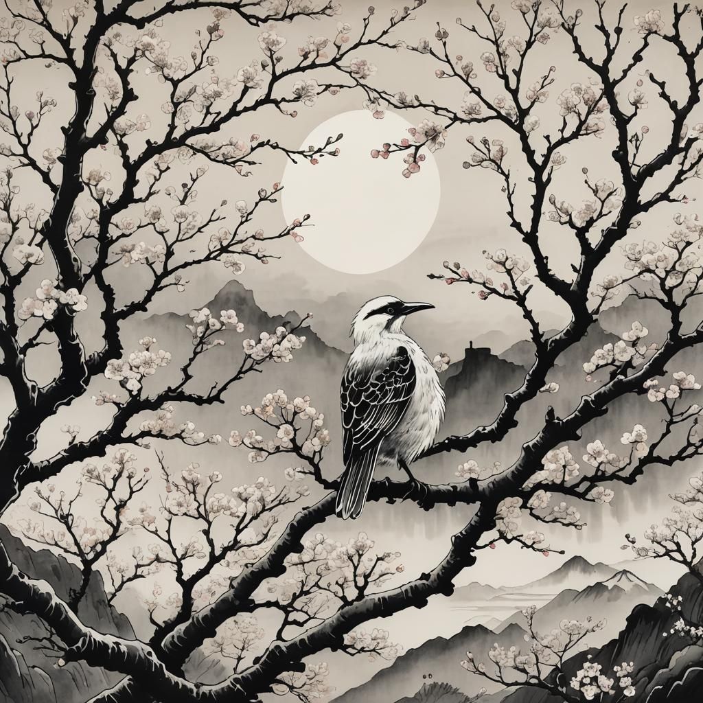 Japanese Landscape with Cherry Blossom in Ink