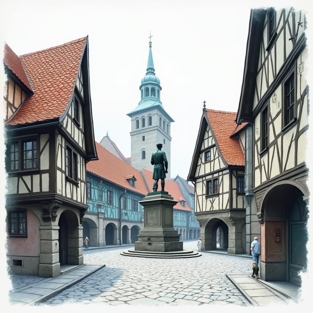 Lively Medieval German Town Square Gouache Painting