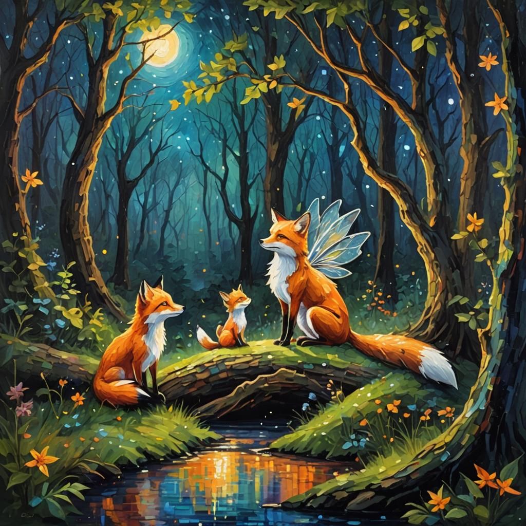 Forest Fairy and Fox Under Starlight, Impasto Oil