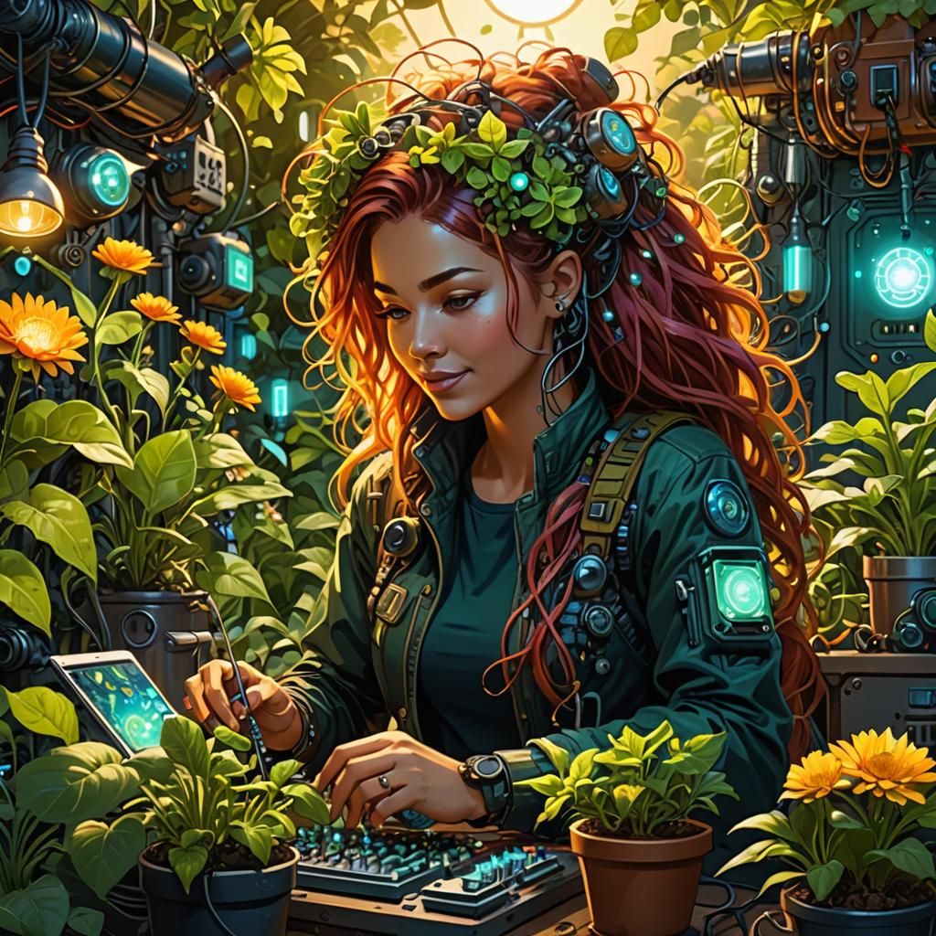 Biopunk Woman in Bioluminescent Electronic Garden