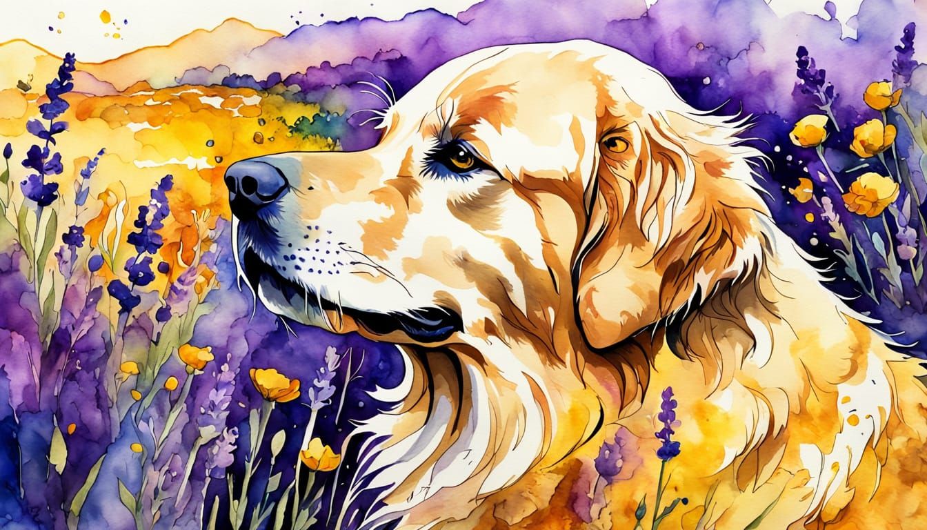 Majestic Golden Retriever in Lavender Field, Alcohol Ink Art