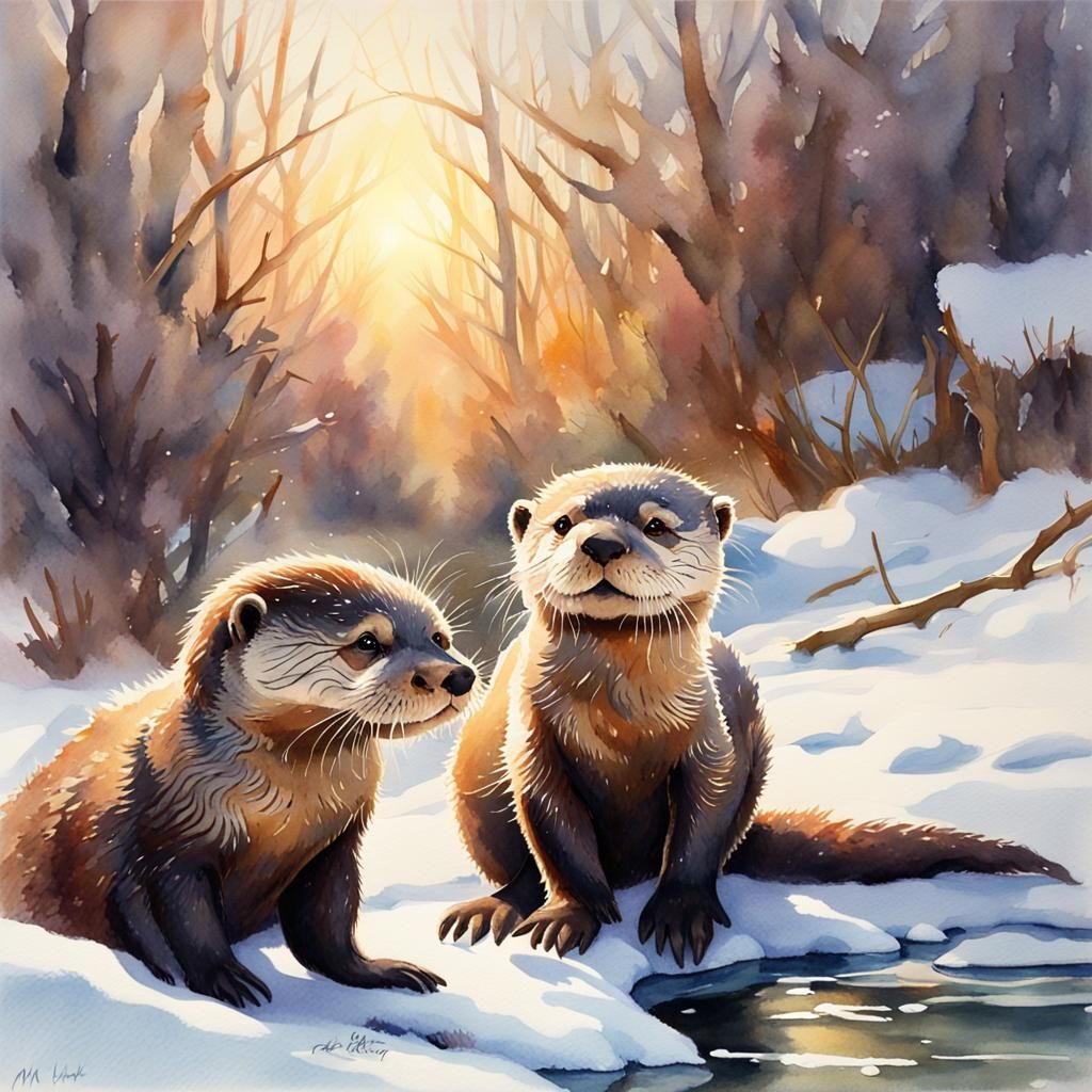 Cuddly Otters In The Snow