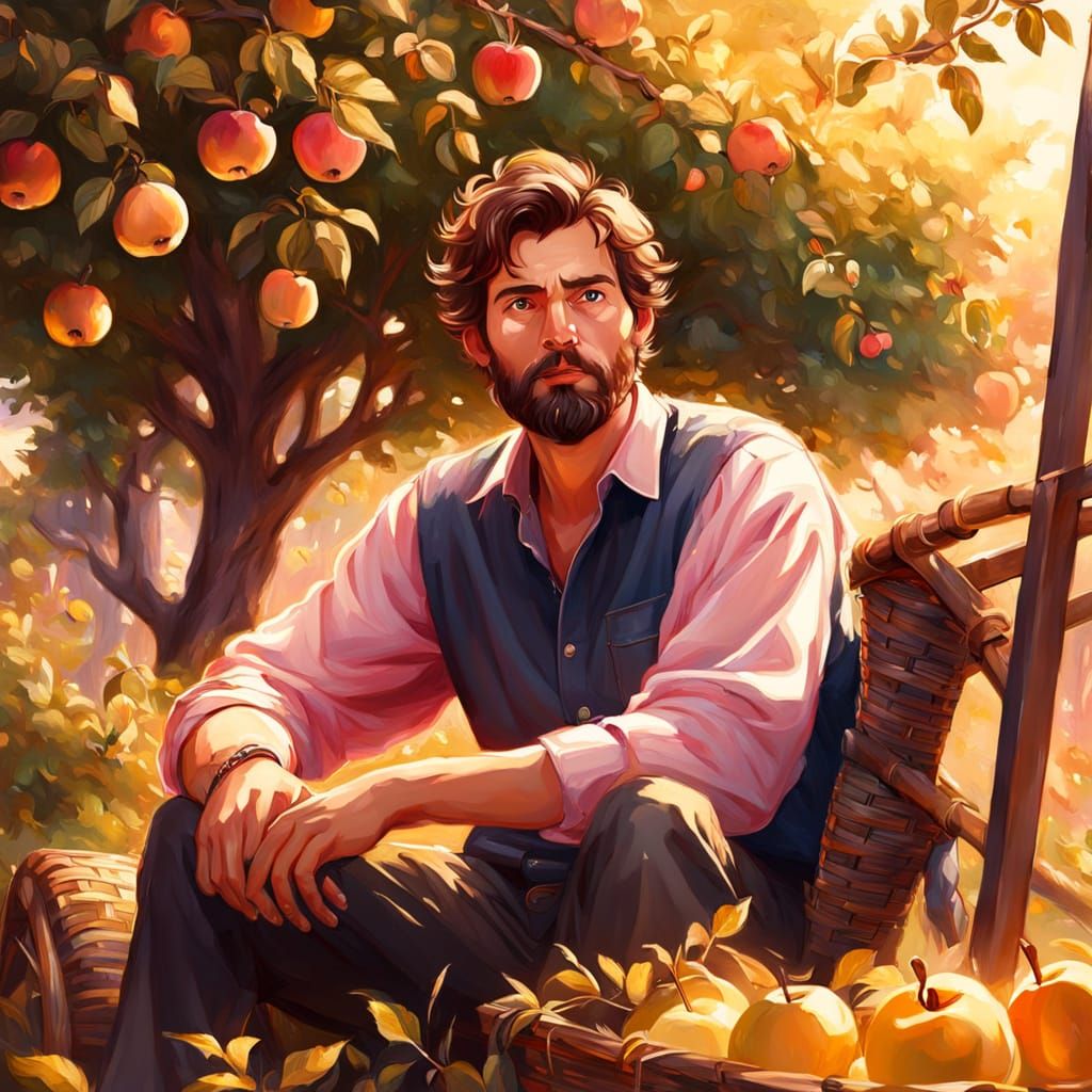 Man Under Apple Tree: Vibrant Oil Painting in Golden Light