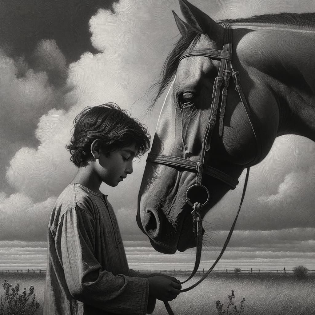 Monochromatic Oil Painting of Boy and Horse in Silent Unders...