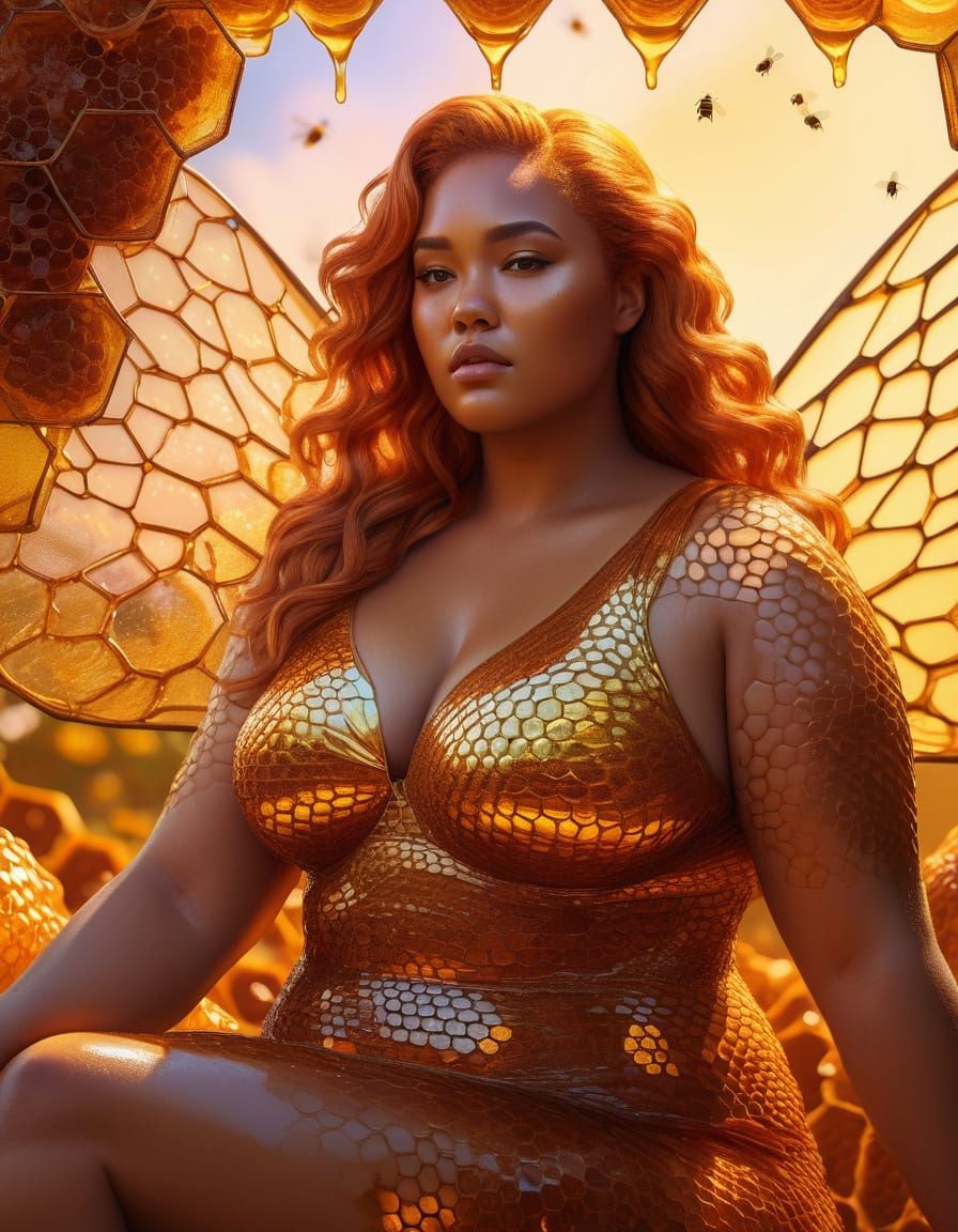 Radiant Plus-Size Goddess in Honeycomb, Digital Art