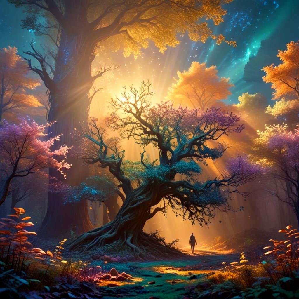 Figure Walks Through an Ethereal Emerald Forest at Dusk