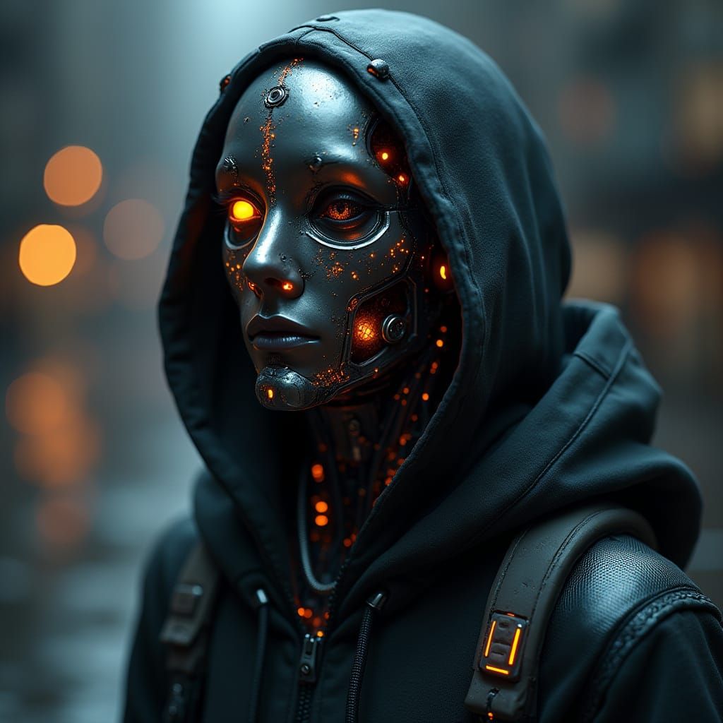 Cyberpunk Cyborg with Robotic Eye and Hoodie