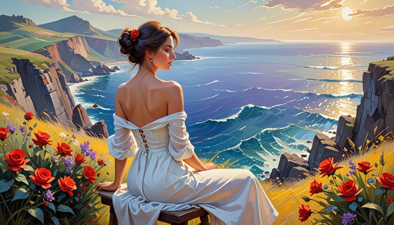 Woman Overlooking Sea as Impressionistic Oil Painting