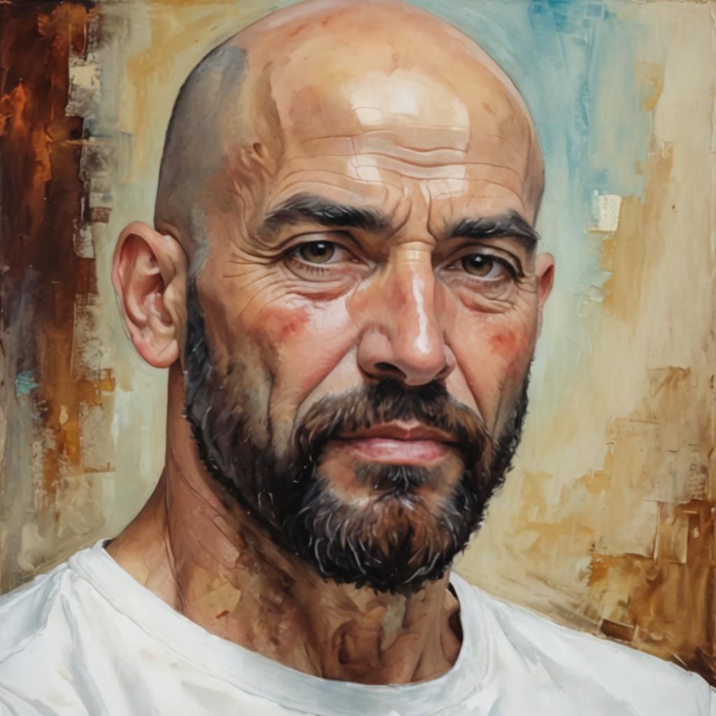Smiling Bald Man Portrait in Expressionist Impasto Style