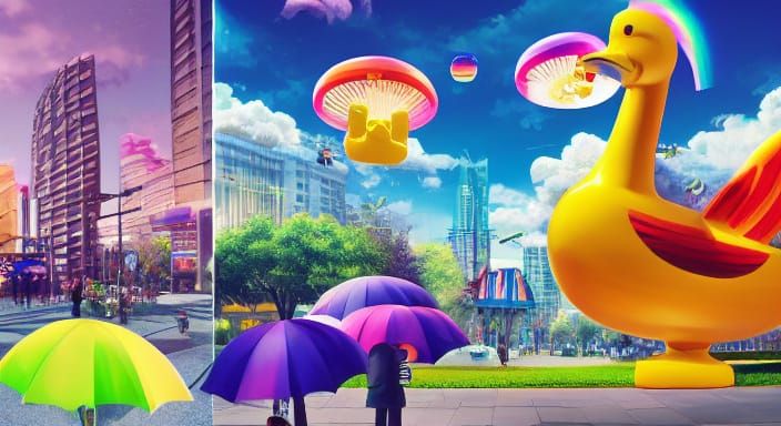 Surreal Collage: Giant Duck Over City with Astronauts