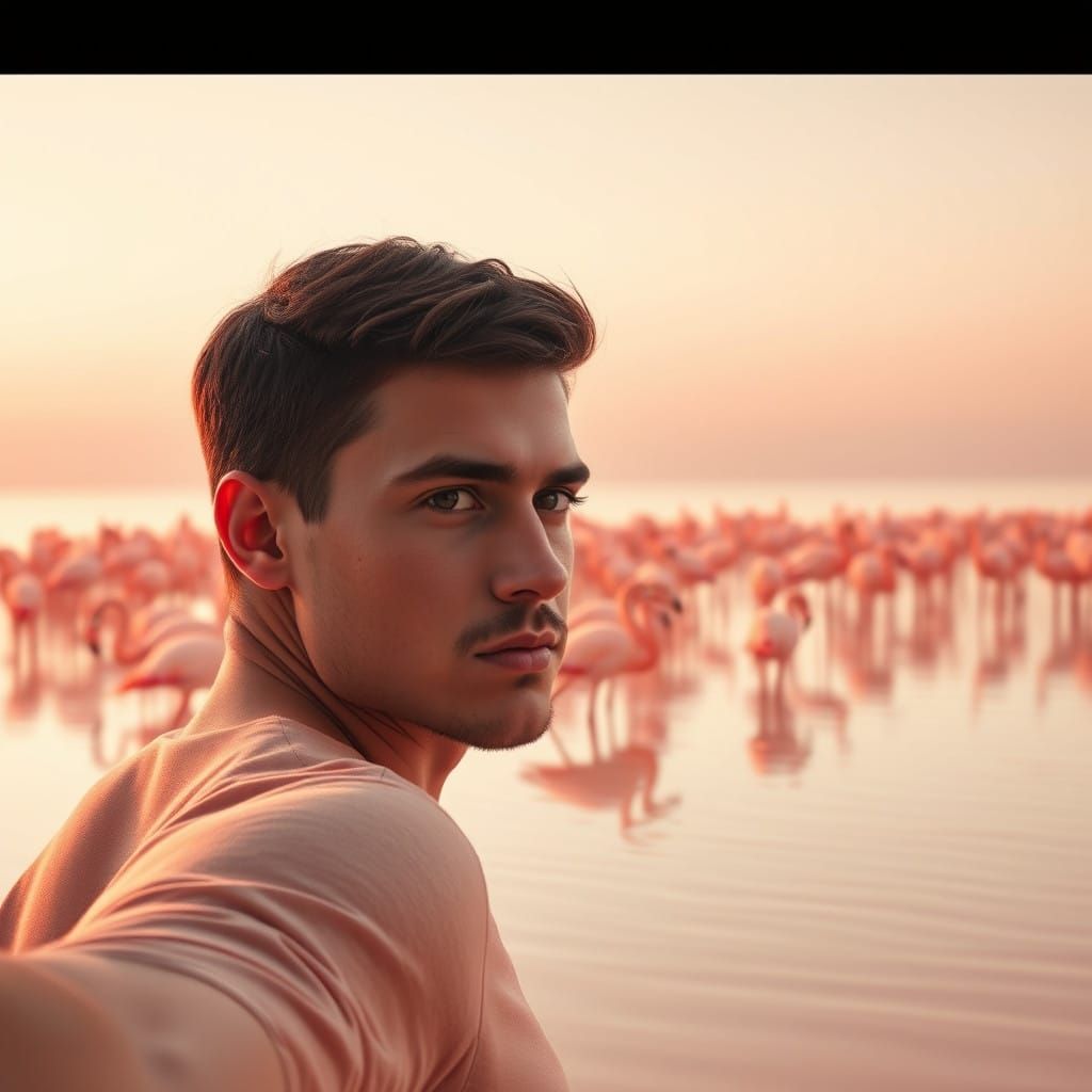 Ethereal Study with Flamingos and a Gentle Man