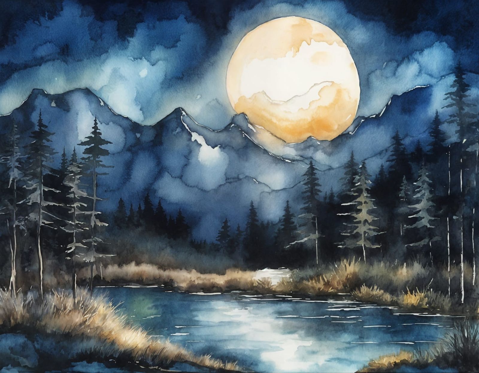 Mountain Lake in Moonlight Watercolor