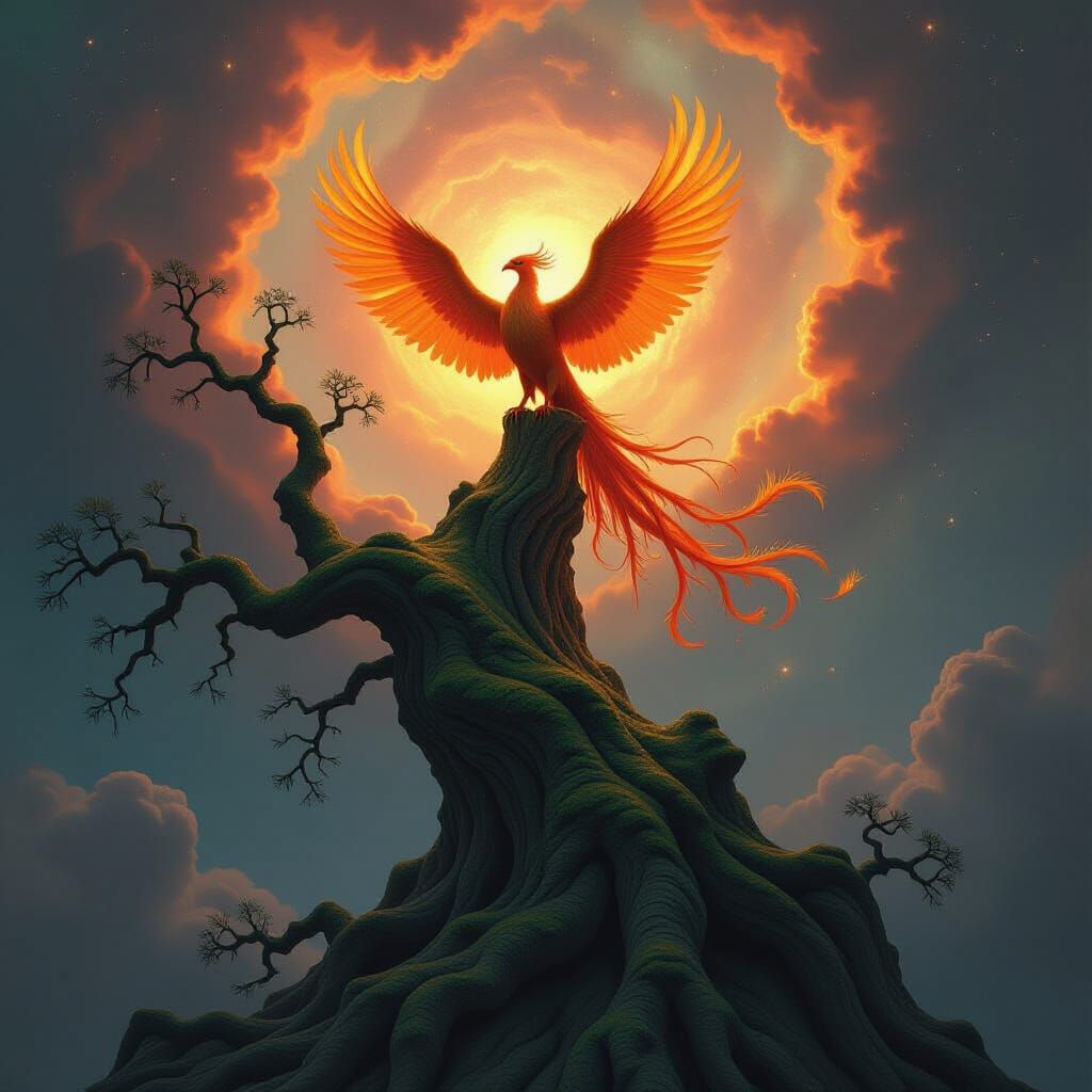 Ancient Phoenix on Celestial Tree Amidst Nebula