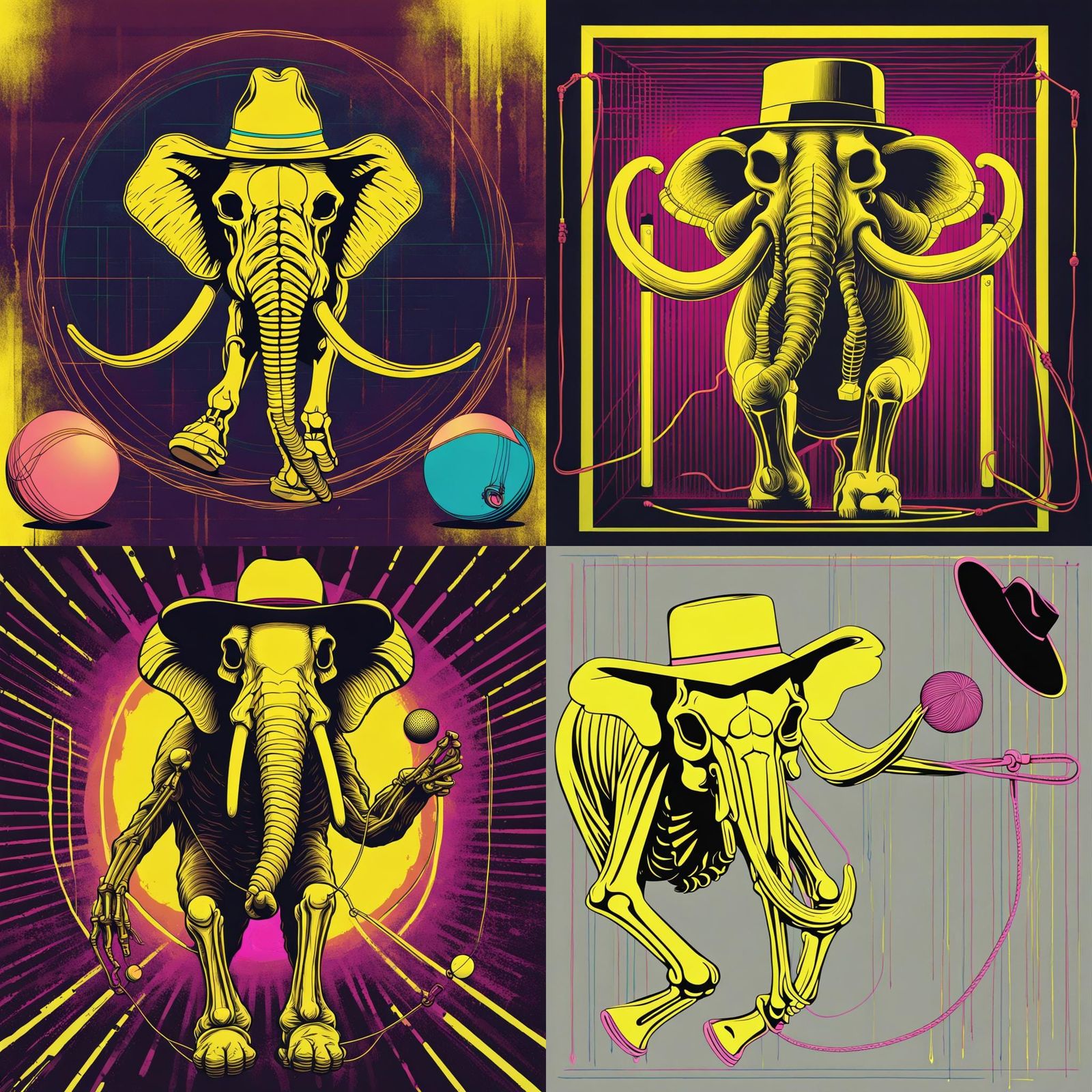 Neon Mammoth Skeleton Plays Jump Rope, Pop Art Style