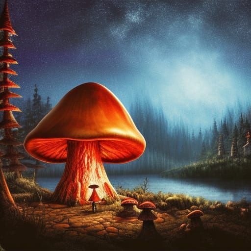 Gothic Cottagecore: Giant Mushroom House Under Starry Sky