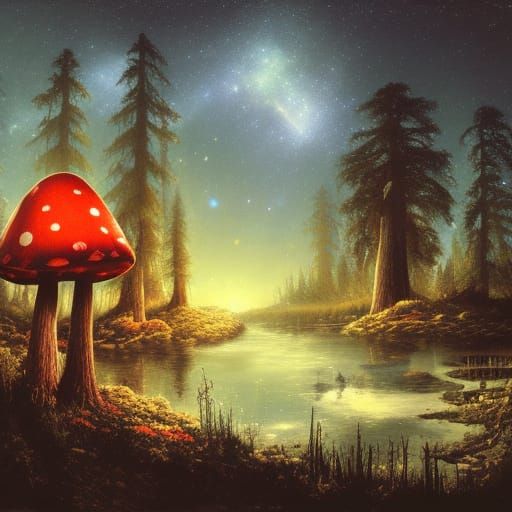 Gothic Cottagecore Mushroom Cottage Under Starry Night