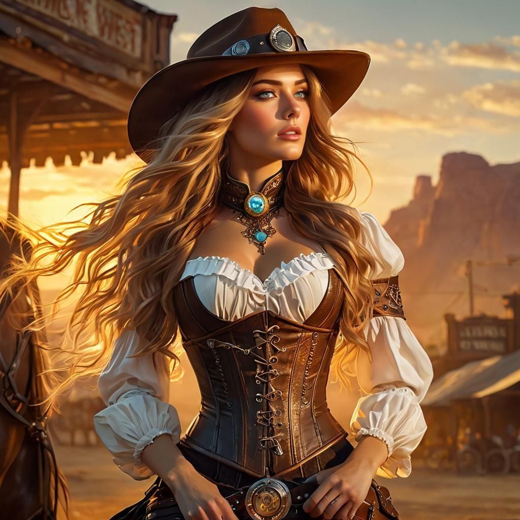 Cosmic Sunset Cowgirl in Retrofuturism Style