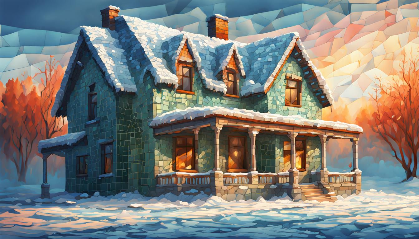 Mosaic House in Winter: Hyperrealistic Splash Art