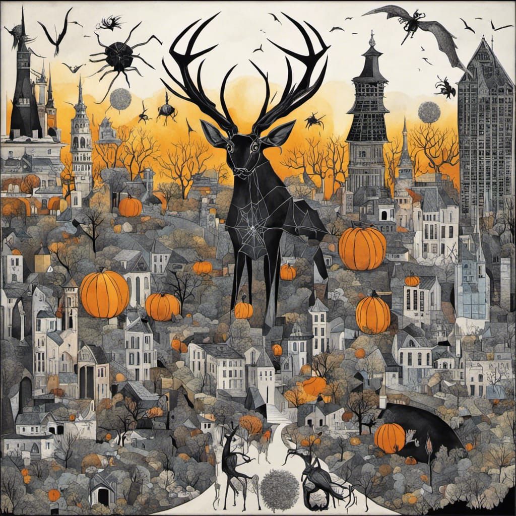 Halloween,Giant origami Black jack o lantern spiders, spider kaiju creature with antlers, black jackalope horns, spider...