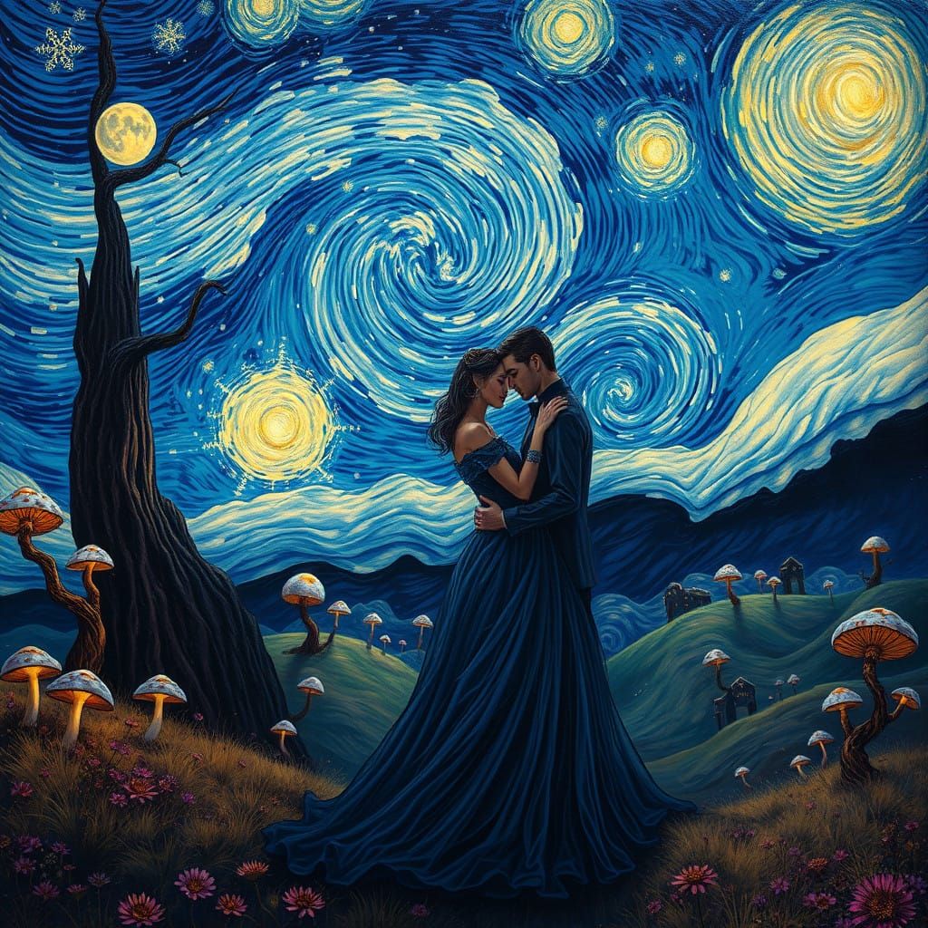 Whimsical Couple Under Starry Night Sky in Dreamlike Landsca...
