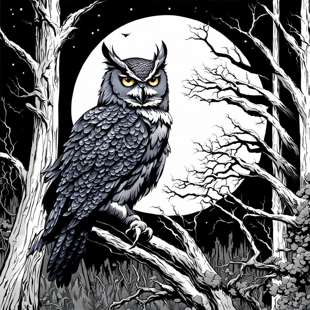 Ominous Owl at Twilight in Comic Art Style