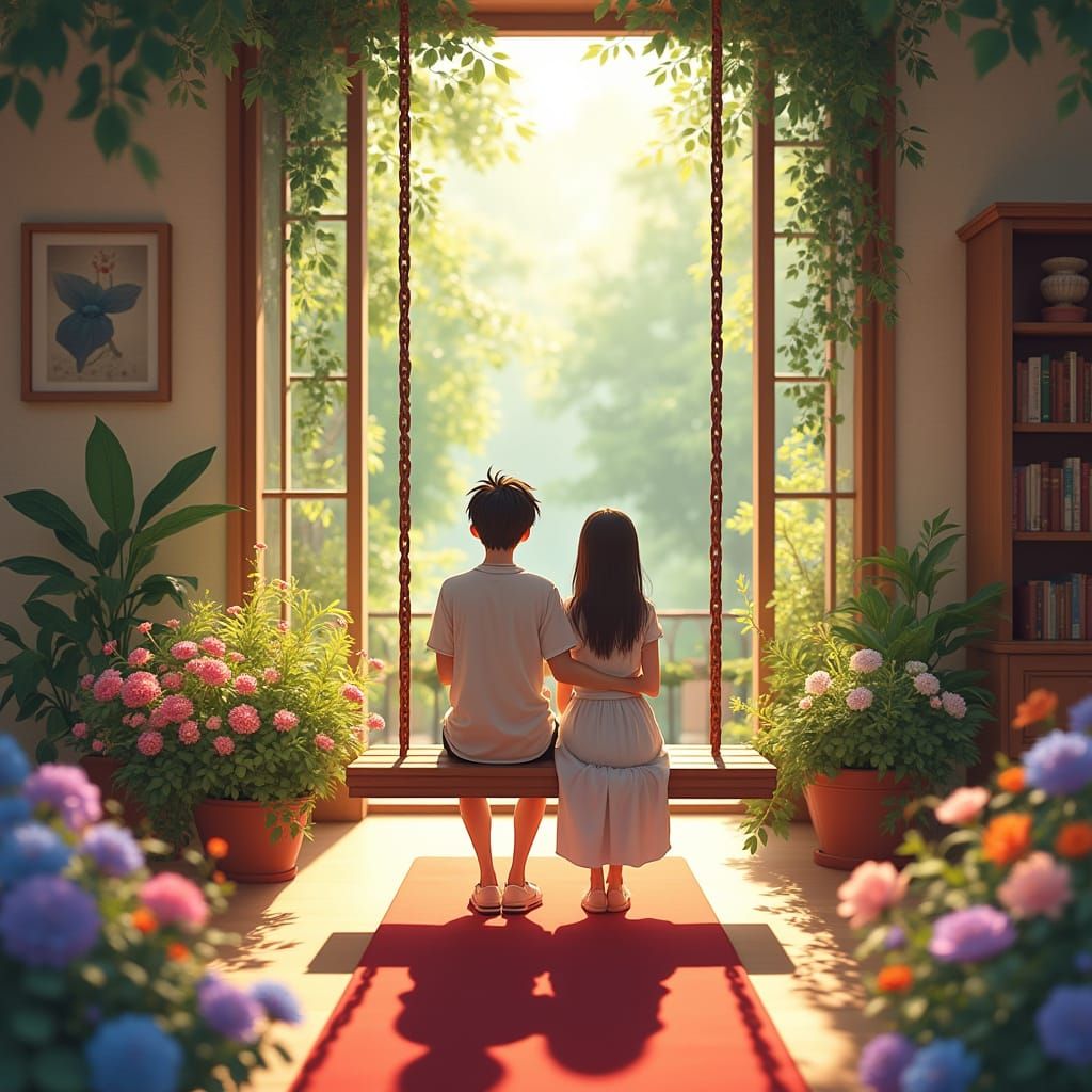 Cozy Anime Couple in Vibrant Indoor Garden