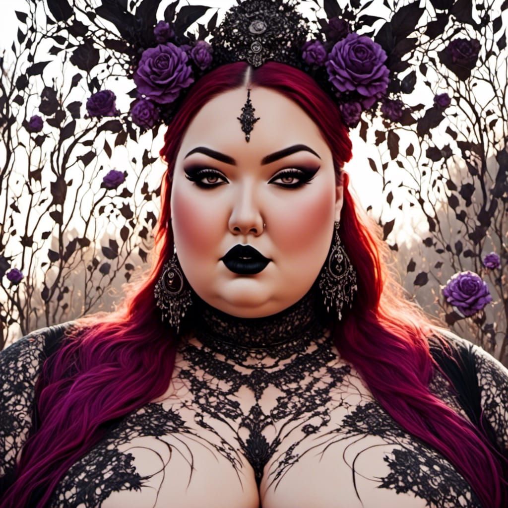 Curvy Woman in Lace Jumpsuit, Dark Fantasy Style