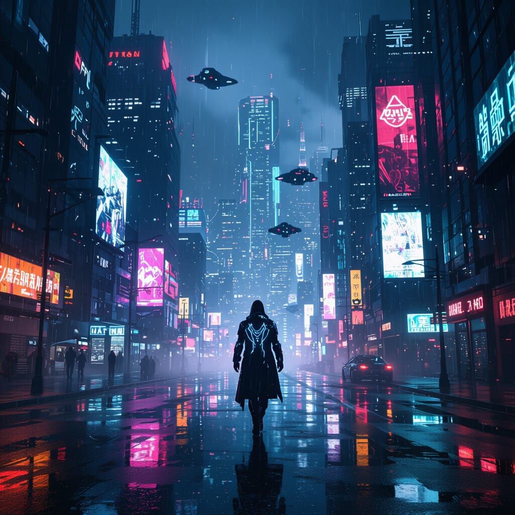 Cyberpunk City Nightscape with Neon Rain and Warrior