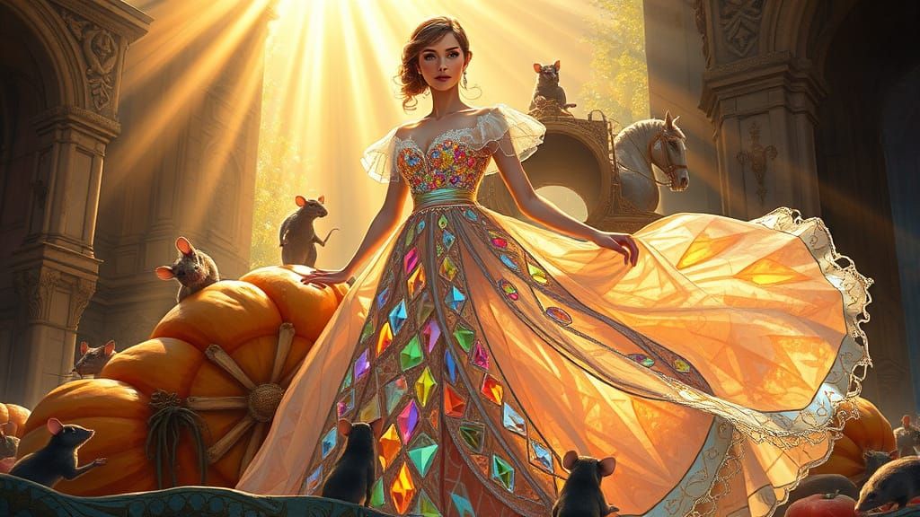Cinderella's Crystal Gown in Sunlit Pumpkin Coach