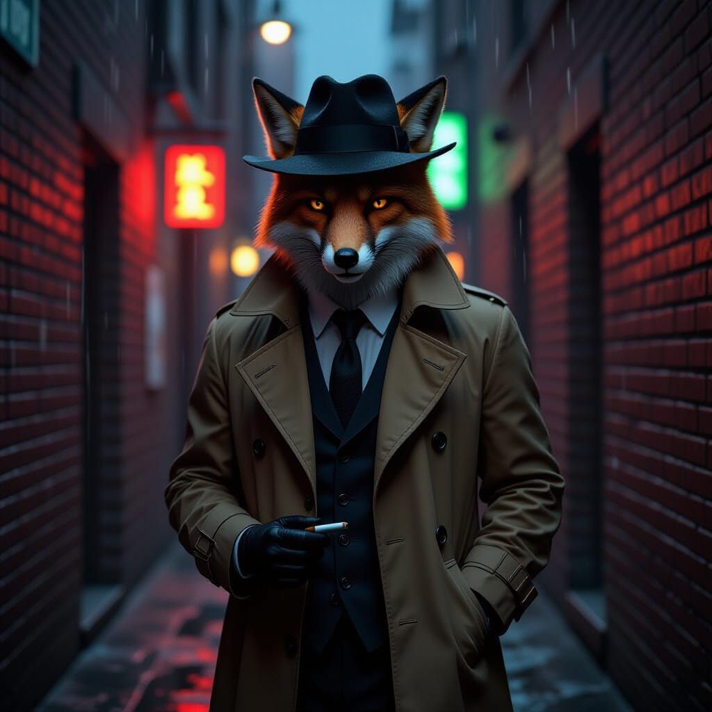 Neo-Noir Fox Detective in Rain-Slicked City Alley