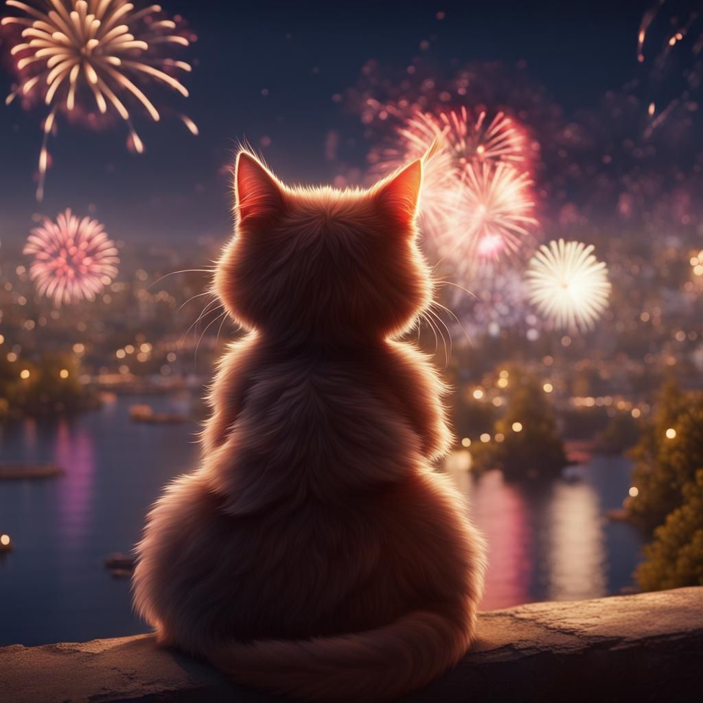 Cute Cat Watches Fireworks: Detailed Fantasy Art