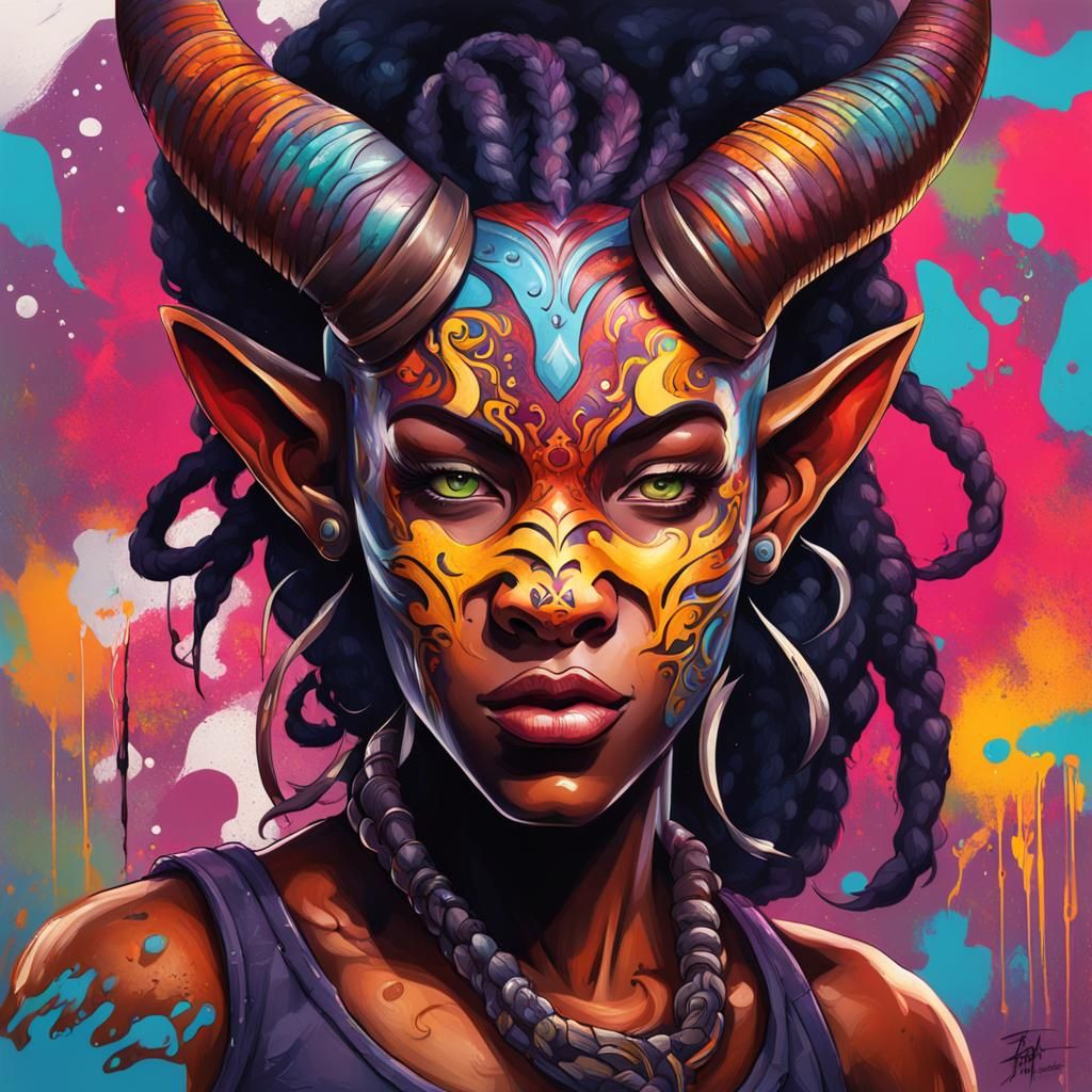 Tiefling Warrior Woman with Spear in Graffiti Art Style