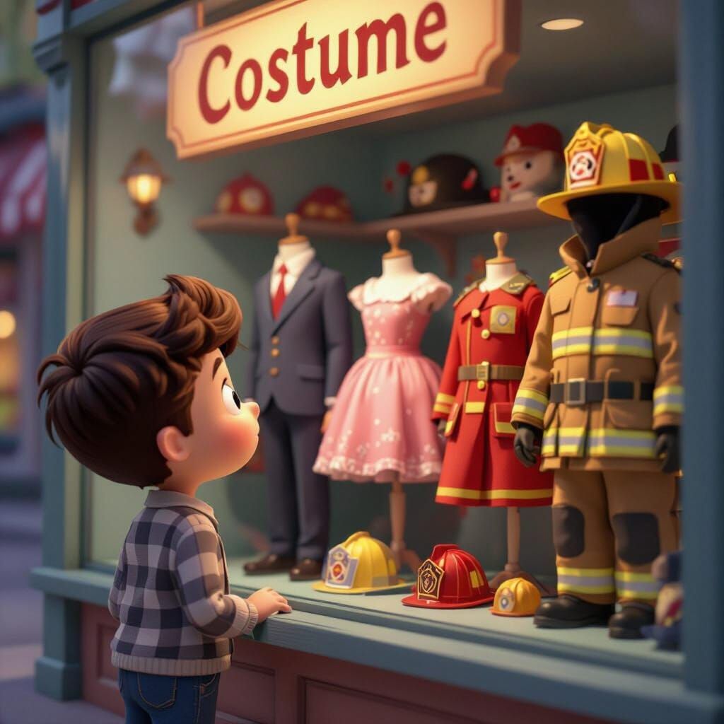 Cartoon Boy Gazes at Vibrant Costume Shop Display