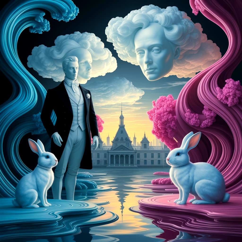 Surreal Mannequins in Dreamlike Architectural Landscape