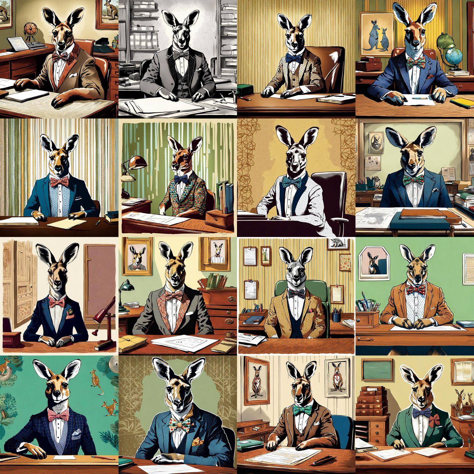 Kangaroo Wearing Bow Tie Sits at Desk