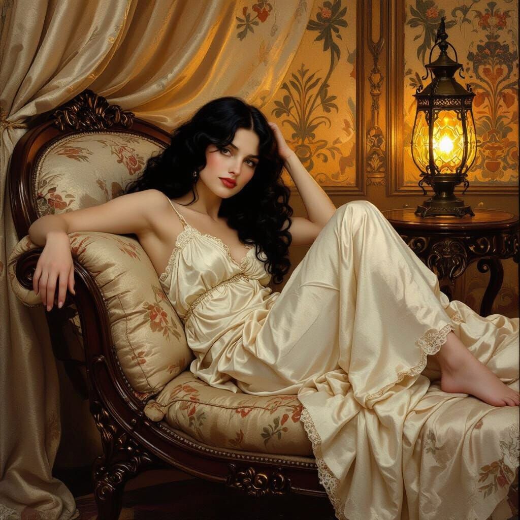 Elegant Woman Reclining, Art Nouveau Rococo Style