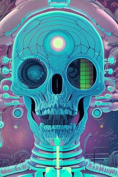 Synthwave Clockwork Skeleton Brains in Psychedelic Oil Paint...