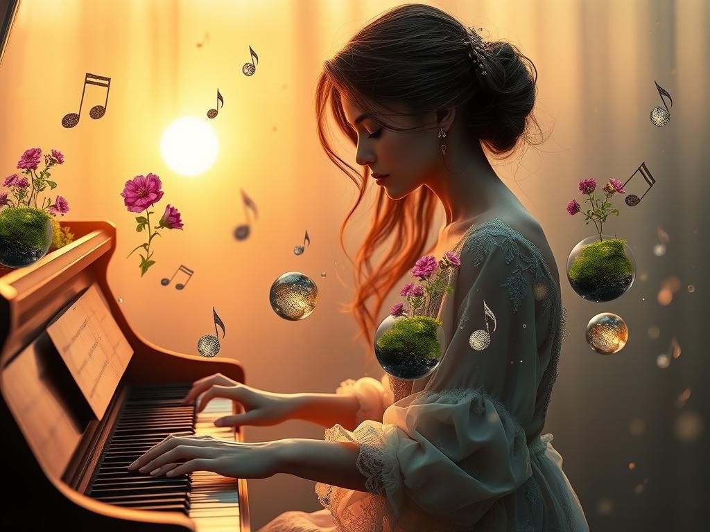 Ethereal Piano Player with Glass Floral Notes