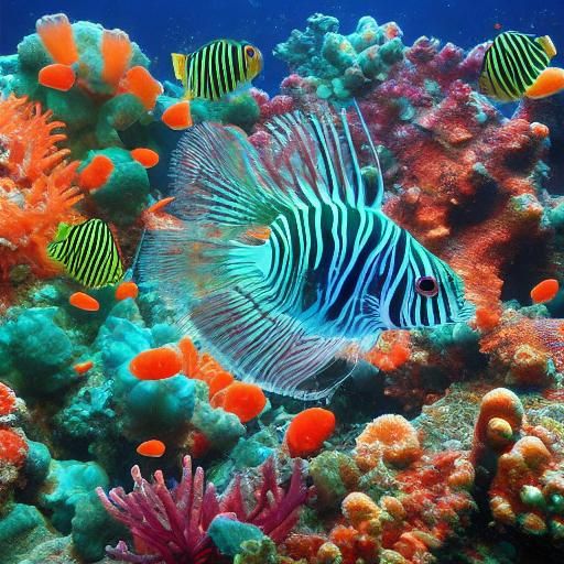 Muted Melancholy Coral Reef Scene with Lionfish